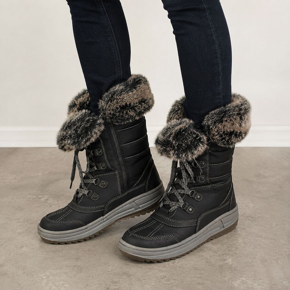 Santana Canada Myrah Winter Boots Black Faux Fur Trim Lace Up Zip Snow 38 US 7